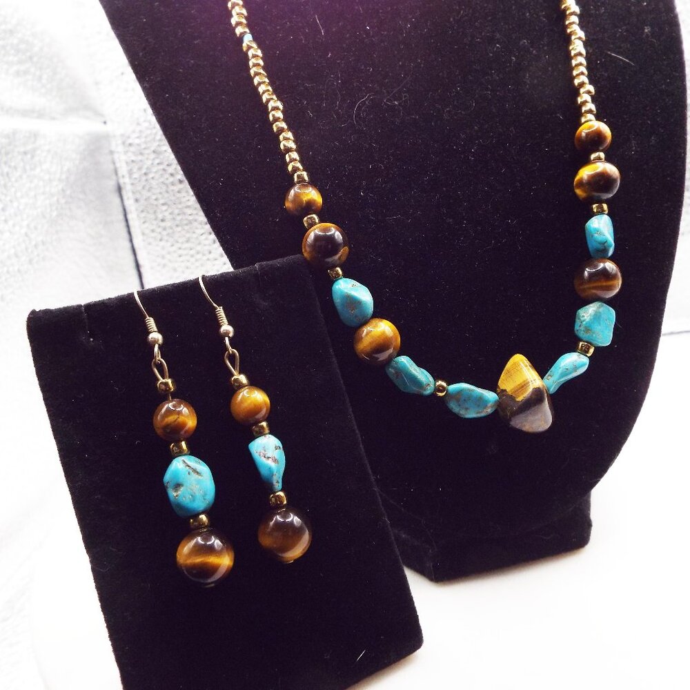 BEAUTIFUL TURQUOISE STONES W/ POLISHED TIGER EYE BEADS BRONZE NECKLACE SET 53